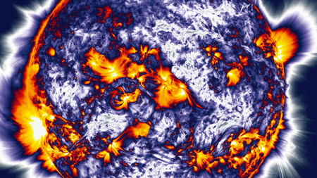 A multicolor image showing activity on the sun