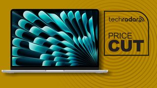 An Apple MacBook Air 15-inch against a yellow TechRadar PRICE CUT background