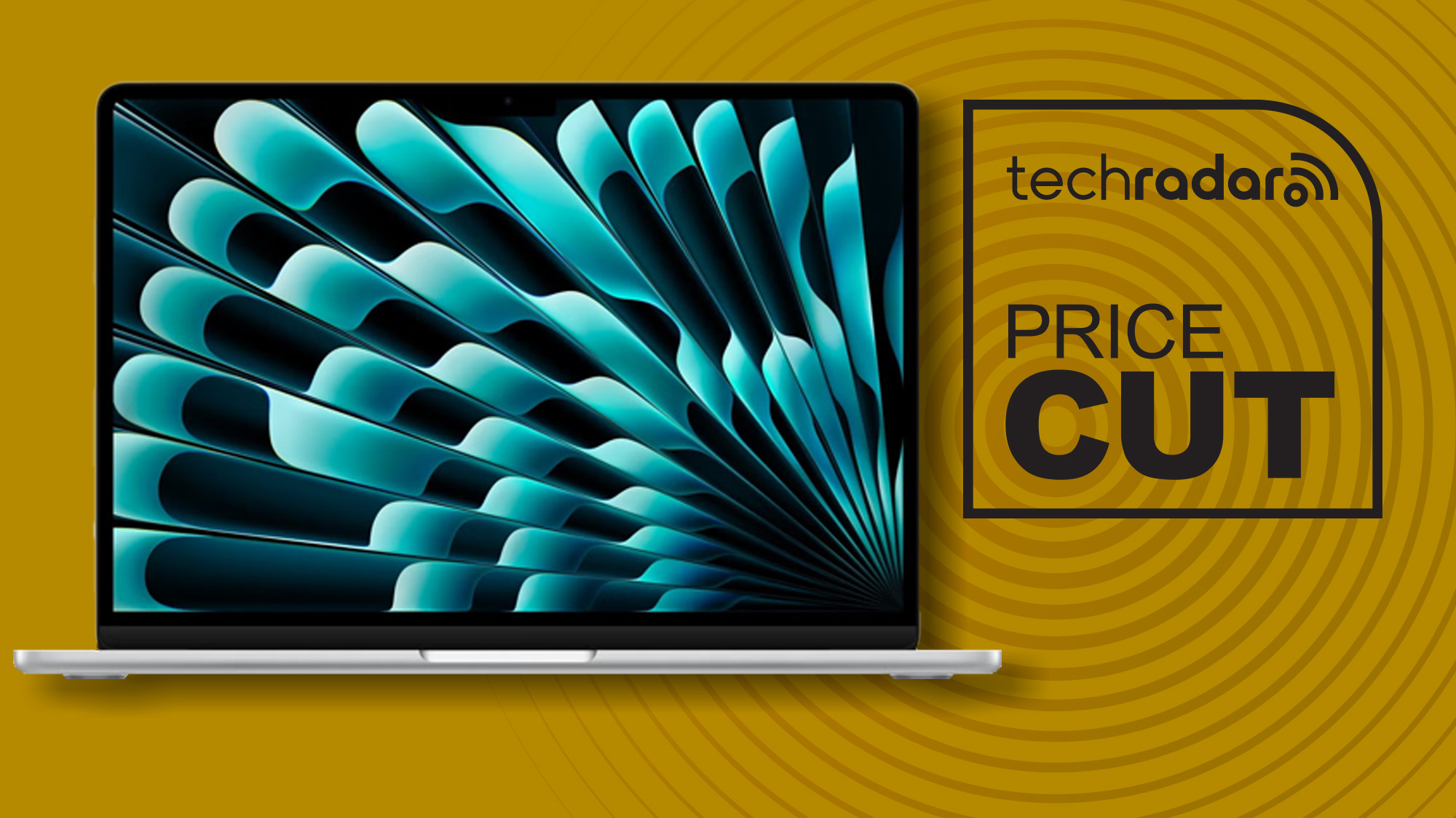 An Apple MacBook Air 15-inch against a yellow TechRadar PRICE CUT background