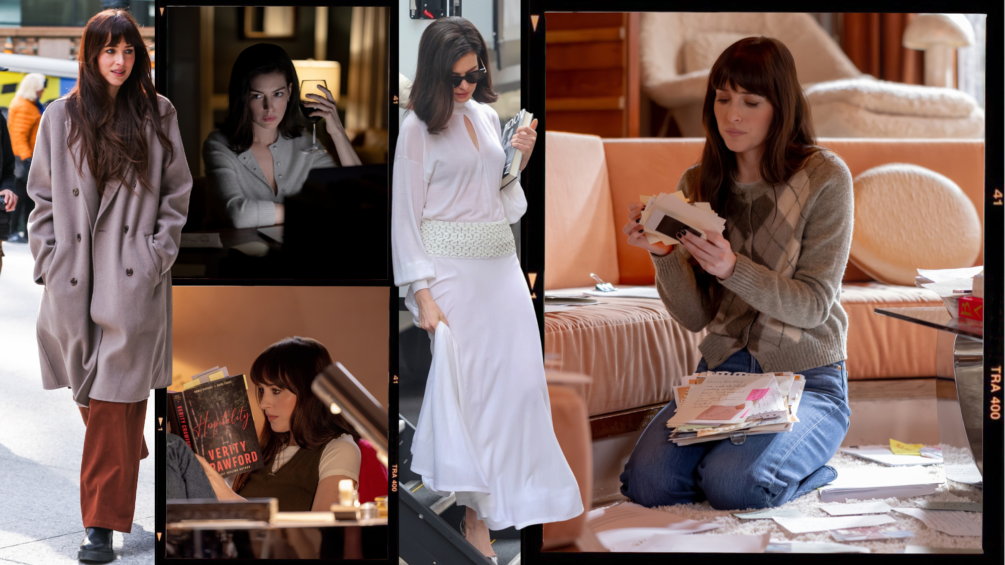 A collage of the best outfits from the 2026 movie Verity, starring Anne Hathaway and Dakota Johnson. 