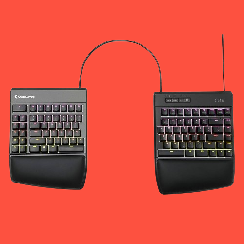 Kinesis Edge gaming keyboard on a red background