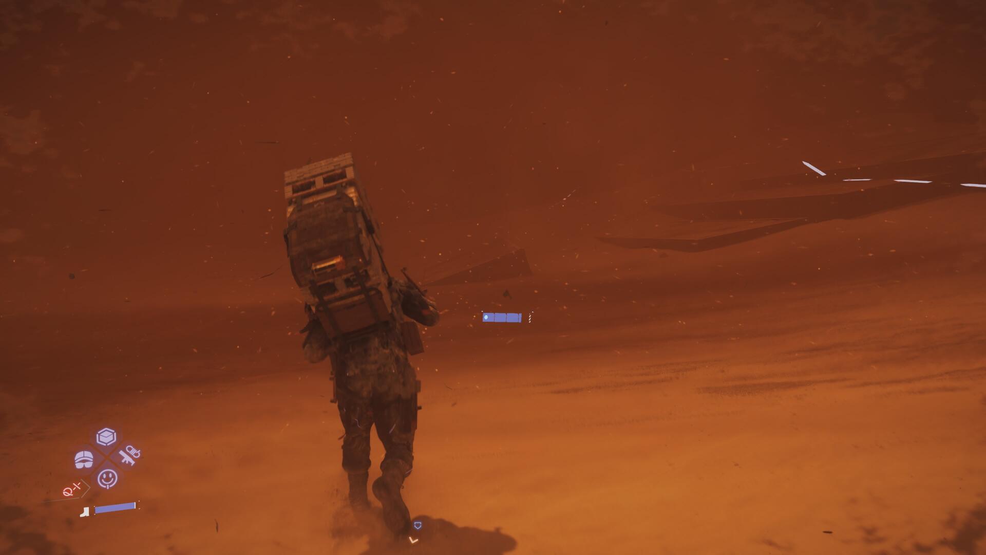 Sam wanders through a sandstorm in Death Stranding 2: On the Beach with his surroundings barely visible