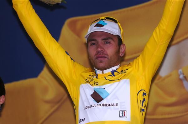 Rinaldo Nocentini (AG2R La Mondiale) received a fresh yellow jersey at the end of a sodden stage 13