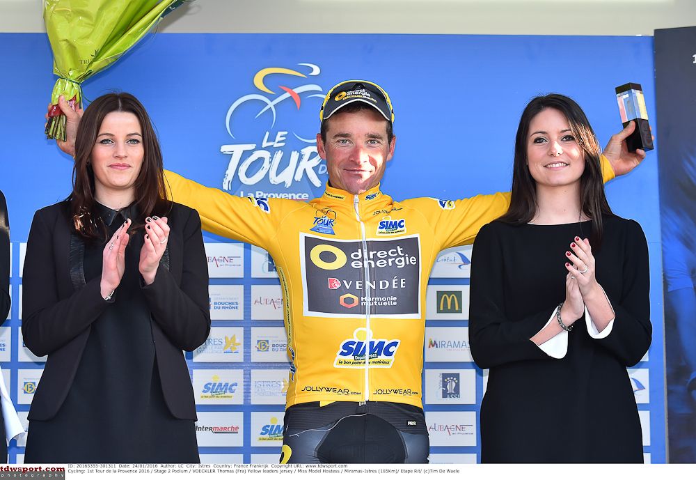 Thomas Voeckler in yellow on the stage 2 podium at Provence