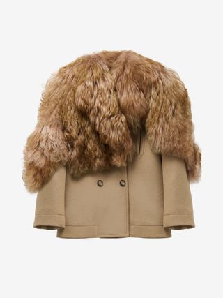 McQueen Shearling Stole Wool Peacoat in Camel