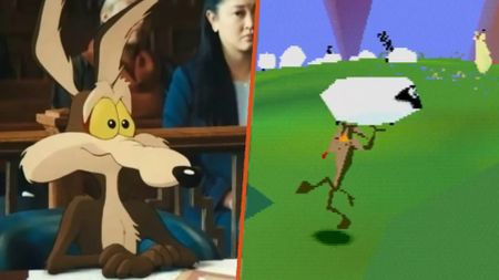 Screenshot of Sheep, Dog N' Wolf gameplay on left with Ralf Wolf carrying sheep and Coyote vs Acme on the right with Willie. E Coyote in court.
