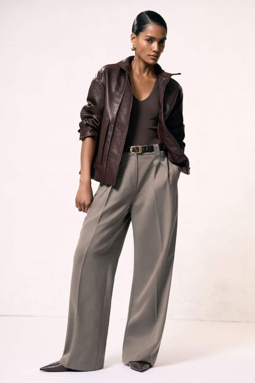 Reiss Kiera Oversize Grained-Leather Bomber Jacket