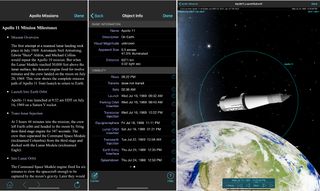 The Apollo Missions page lists the mission milestones in chronological order, plus a lead-off Mission Overview that shows the full mission trajectory. Tapping a title opens its simulation, as shown on the right. Using SkySafari’s Search function, you can summon Object Info for any of the missions and use the blue clock icons to navigate between through their events.