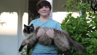 Boy carrying ragdoll cat