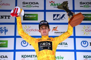 GYNGYSKKESTET HUNGARY MAY 15 Eddie Dunbar of Ireland and Team INEOS Grenadiers celebrates at podium as Yellow Leader Jersey final winner during the 43rd Tour de Hongrie 2022 Stage 5 a 184km stage from Miskolc to GyngysKkestet 992m tourdehongrie on May 15 2022 in GyngysKkestet Hungary Photo by Dario BelingheriGetty Images
