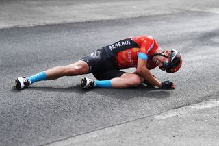CATTOLICA ITALY MAY 12 Mikel Landa Meana of Spain and Team Bahrain Victorious are involved in an accident during the 104th Giro dItalia 2021 Stage 5 a 177km stage from Modena to Cattolica Crash Injury girodiitalia Giro on May 12 2021 in Cattolica Italy Photo by Tim de WaeleGetty Images