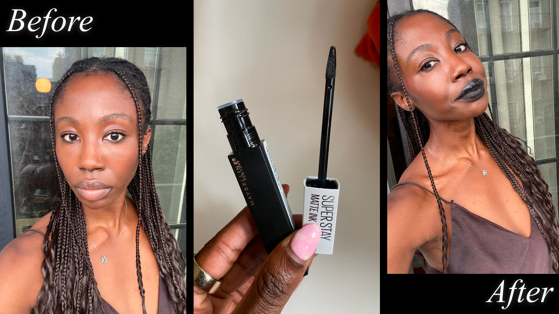 Ama Kwarteng testing Maybelline SuperStay Matte Ink Liquid Lipstick in Thrill Seeker