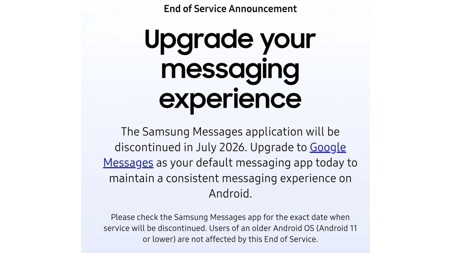 An end of service announcement for Samsung Messages