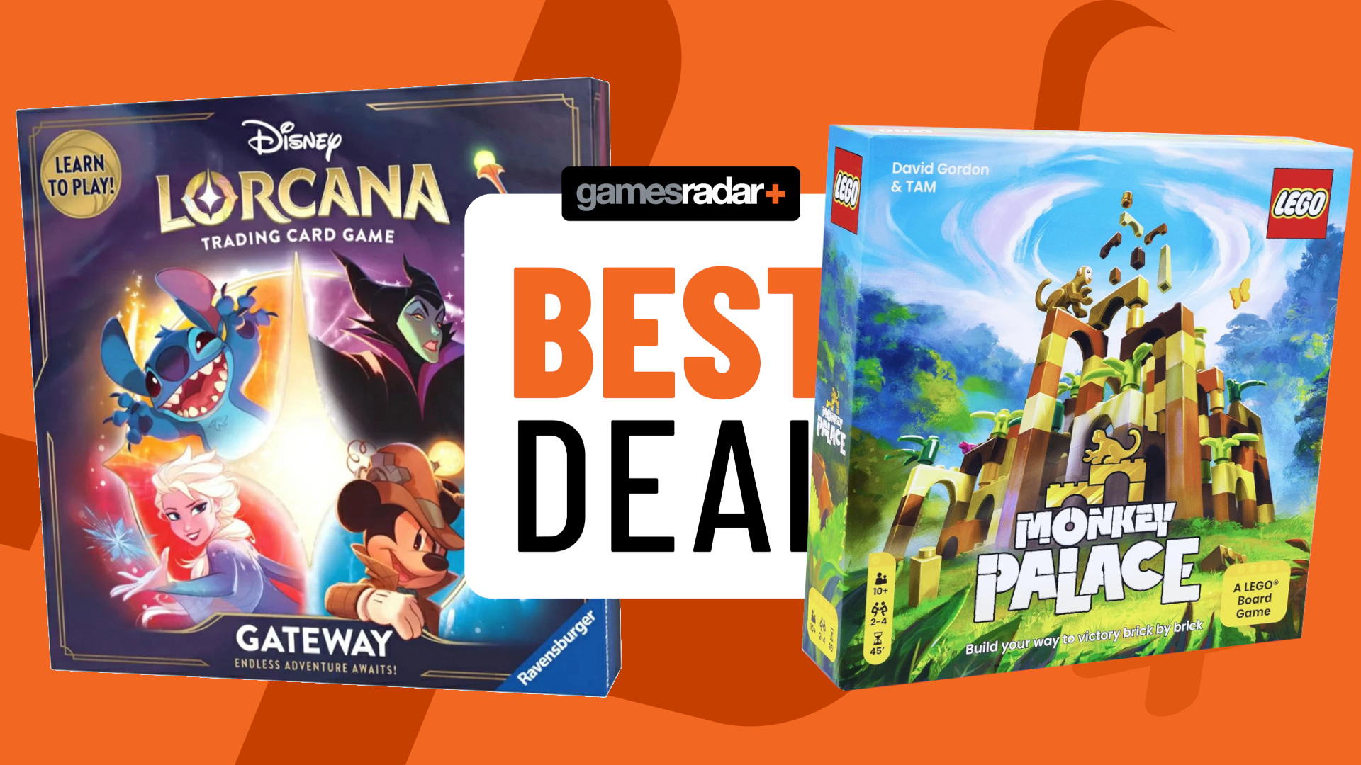Disney Lorcana Gateway and Lego Monkey Palace on either side of a GamesRadar+ 'best deal' badge, against an orange background