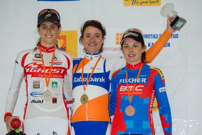 Elite women final stage podium: Katrin Leumann, Marianne Vos, Corinna Gantenbein