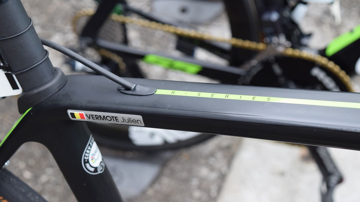 Green decals stand out on the raw carbon finish of the frameset