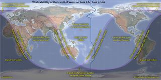 World visibility of the transit of Venus on 5-6 June 2012. Spitsbergen is an Artic island – part of the Svalbard archipelago in Norway – and one of the few places in Europe from which the entire transit is visible. For most of Europe, only the end of the transit event will be visible during sunrise on 6 June.