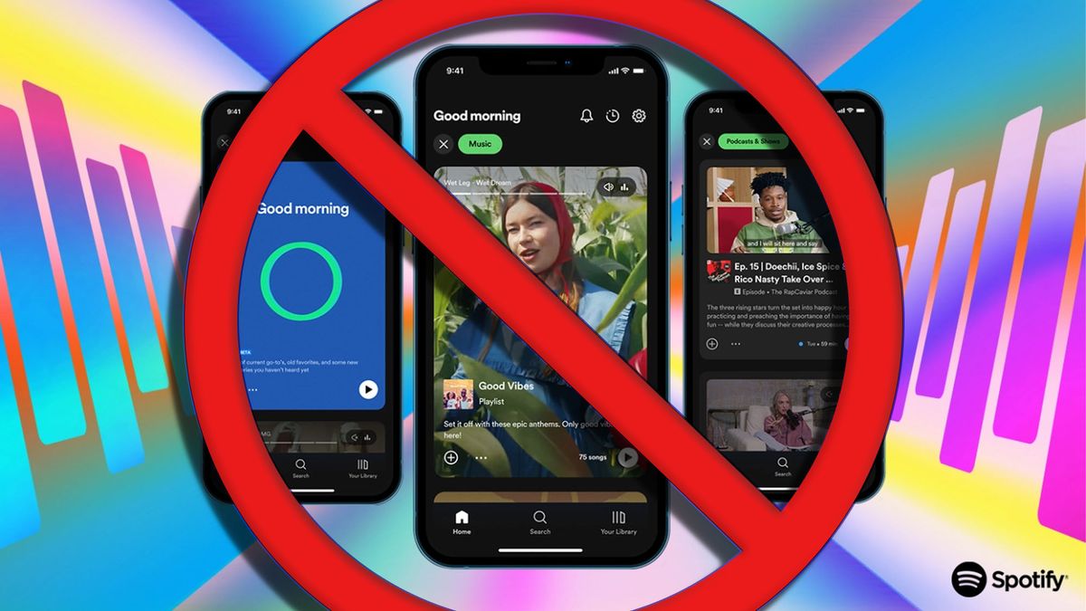 A trio of phones running Spotify with its new interface with a red crossout across it