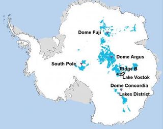 Locations (in blue) where 1.5-million-year-old Antarctic ice could lurk.