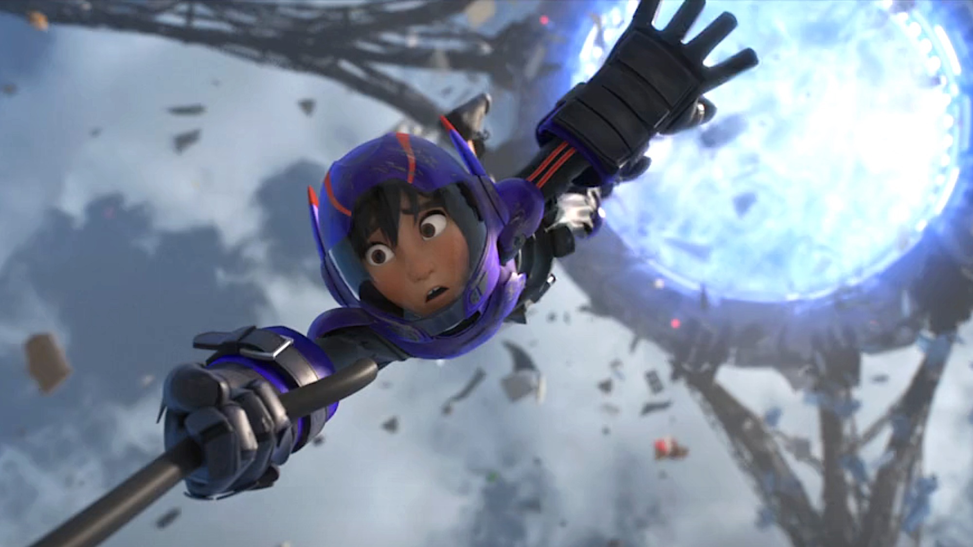 Hiro Hamada in Big Hero 6 holding onto a pole with one hand so he doesn't fall.