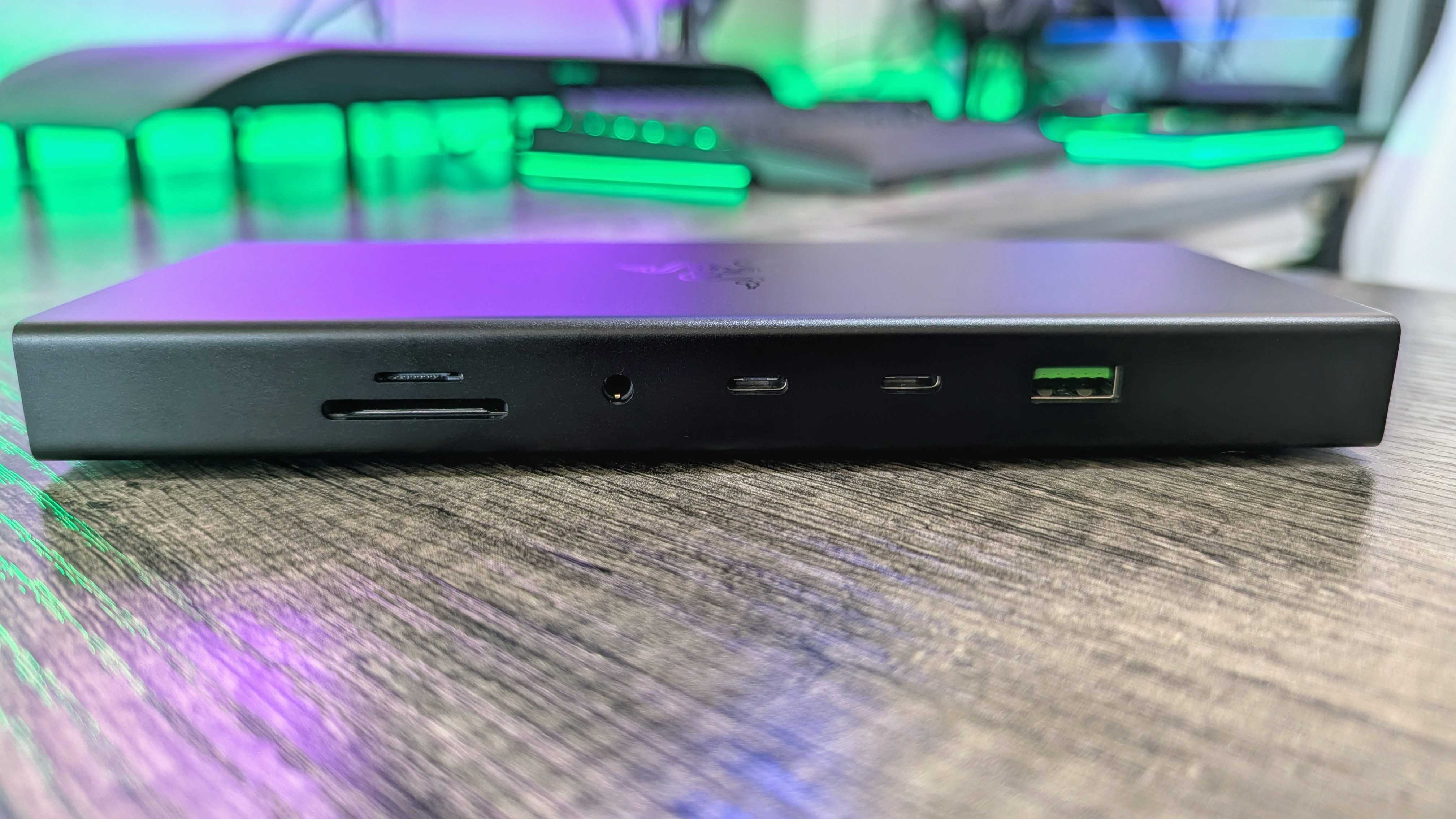 The Razer USB4 Dock as seen from the front, showing the microSD card reader, SD card reader, 3.5mm audio jack, USB Type-C 3.2 Gen 2 port with 20W Power Delivery, USB Type-C 3.2 Gen 2 port, and USB Type-A 3.2 Gen 2 port.