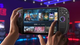 Hands holding Lenovo Legion Go 2 handheld with SteamOS Big Picture mode on screen.