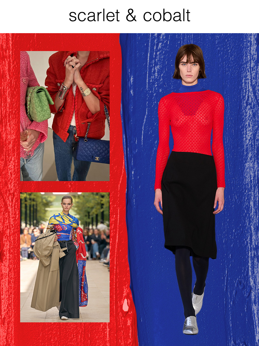 A collage of runway and Instagram imagery featuring the coolest color combinations of spring 2026.