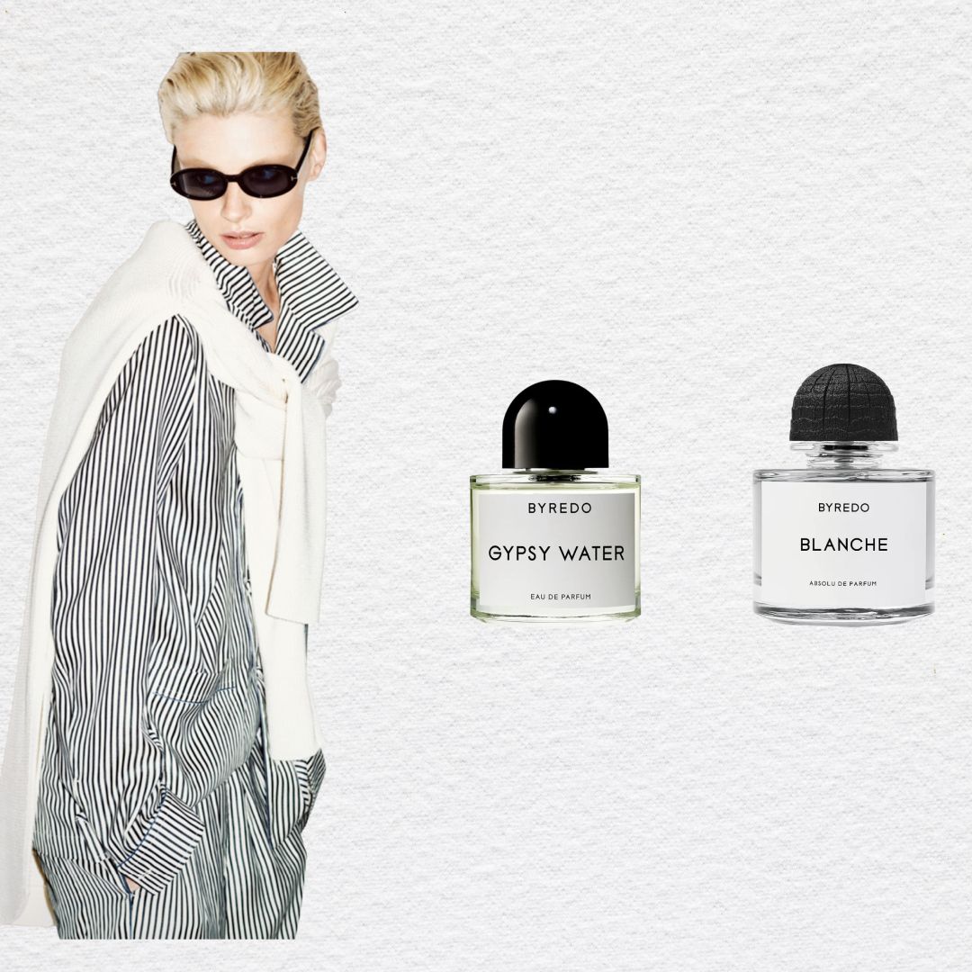Byredo black friday cyber monday perfume sale header. A woman with blonde hair looking over her right shoulder wearing sunglasses and a black and white pinstriped set. She has a white sweater tied over her shoulders. Three byredo perfume bottles are beside her. 