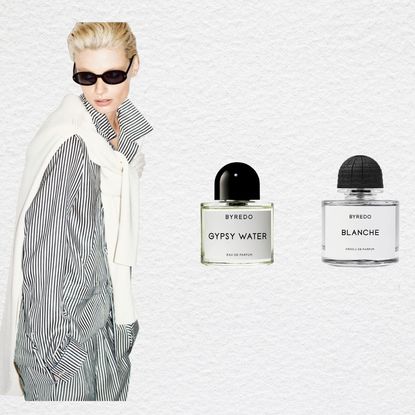 Byredo black friday cyber monday perfume sale header. A woman with blonde hair looking over her right shoulder wearing sunglasses and a black and white pinstriped set. She has a white sweater tied over her shoulders. Three byredo perfume bottles are beside her. 