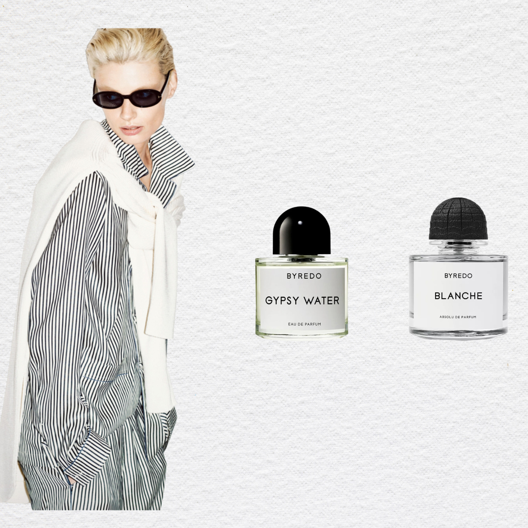 Byredo black friday cyber monday perfume sale header. A woman with blonde hair looking over her right shoulder wearing sunglasses and a black and white pinstriped set. She has a white sweater tied over her shoulders. Three byredo perfume bottles are beside her. 