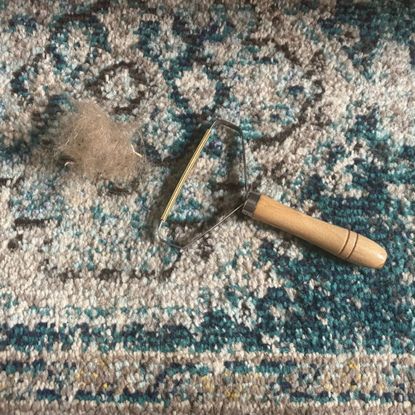 Carpet scraper on a blue rug, next to a hairball