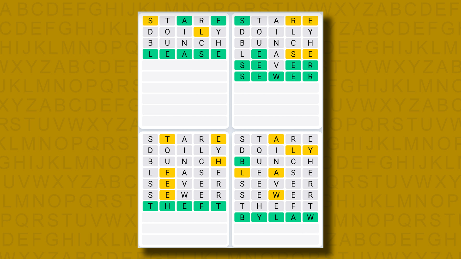 Quordle daily sequence answers for game 855 on a yellow background