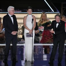 Steve Martin, Selena Gomez, and Martin Short speak onstage during the 74th Primetime Emmys at Microsoft Theater on September 12, 2022 in Los Angeles, California. 