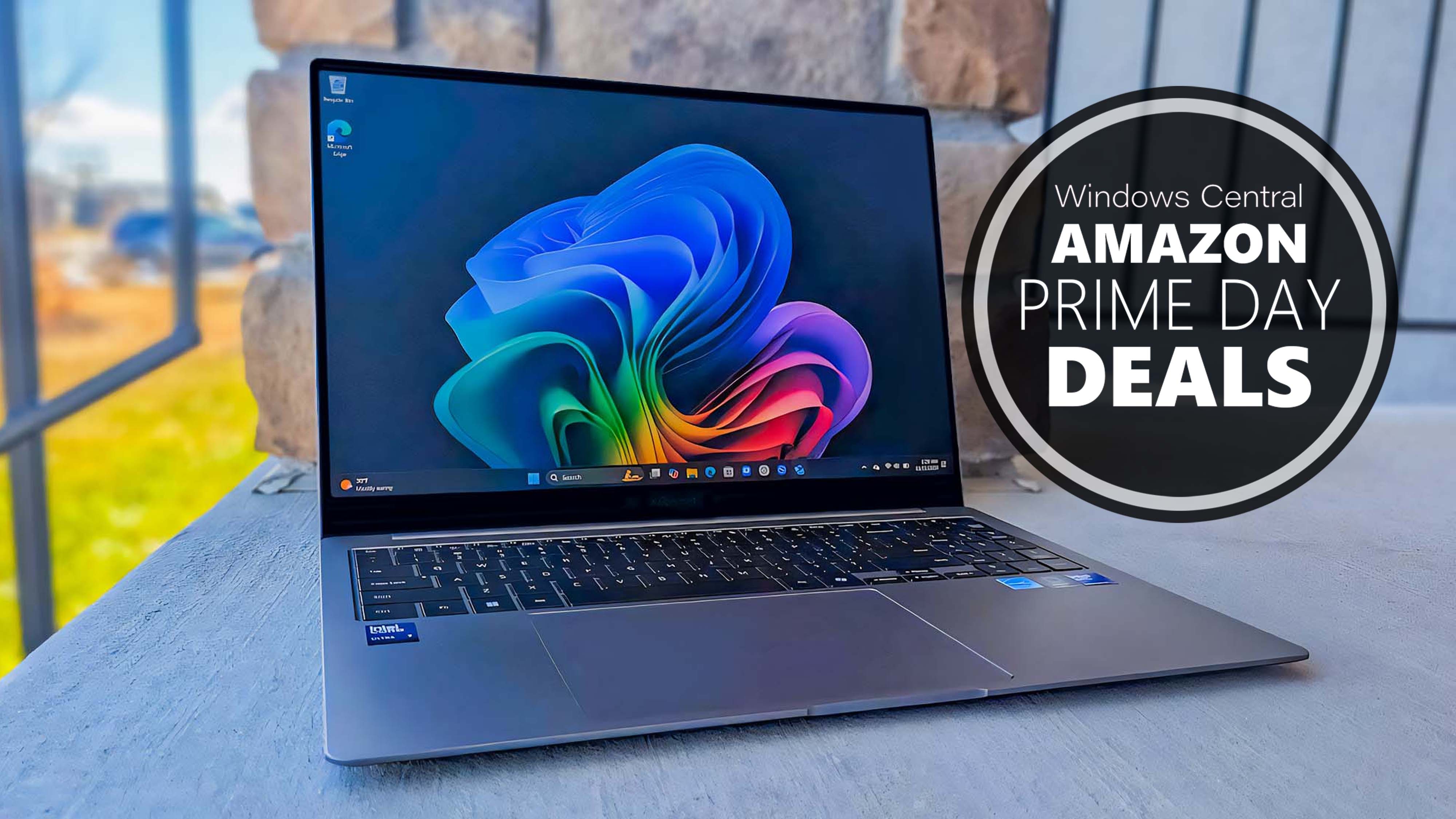 Samsung Galaxy Book5 Pro on a porch with the Windows background on display. 