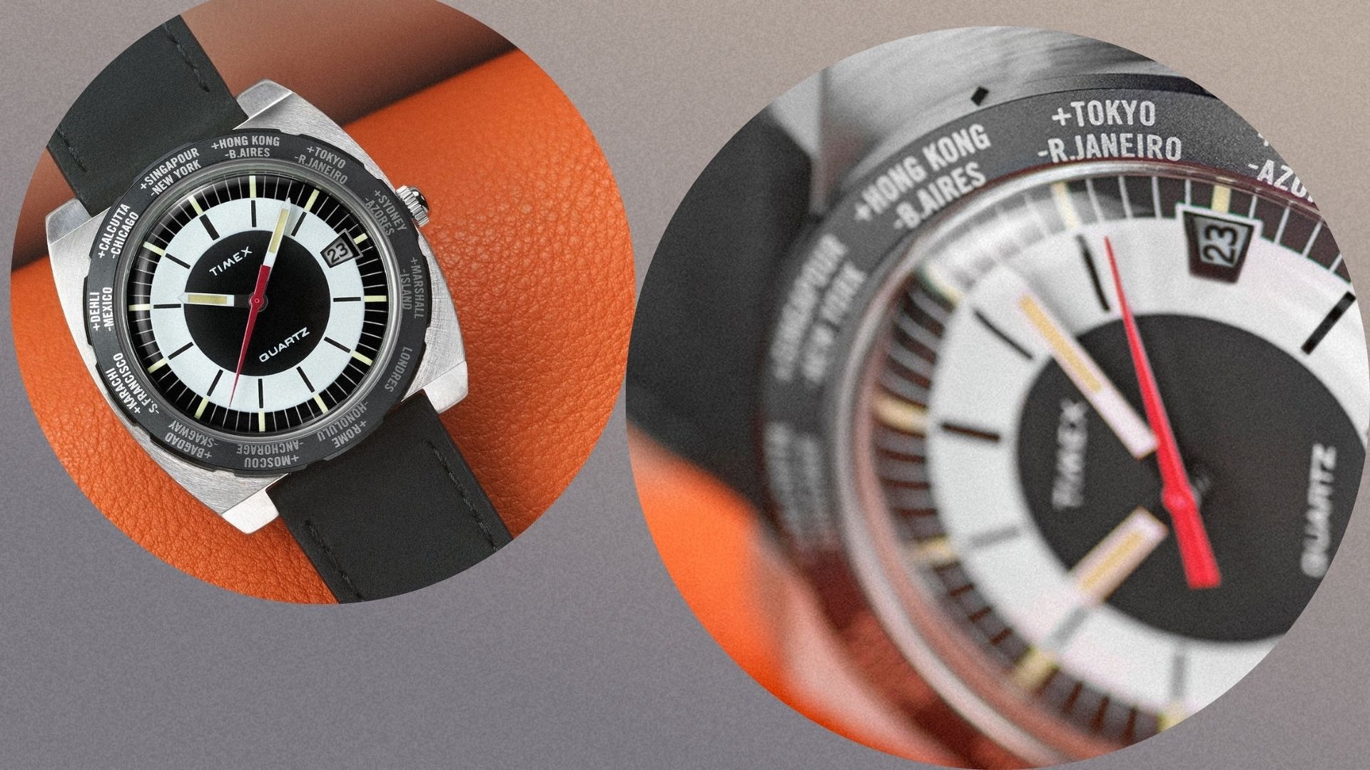 Timex World Time Reissue from two angles, one from a birdseye view and the other zoomed in on the face 