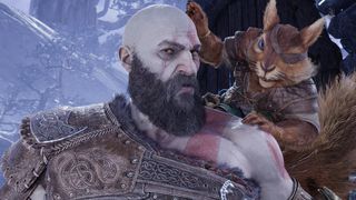 BAFTA Games Awards 2023; a screen of god of war, a man with a beard looks at a large squirrel