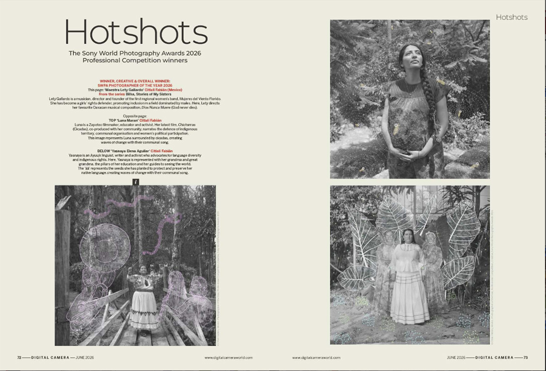Image showing the first two pages of the Hotshots gallery in issue 308 (June 2026) of Digital Camera magazine, category winners from the Sony World Photography Awards Professional Competition 2026