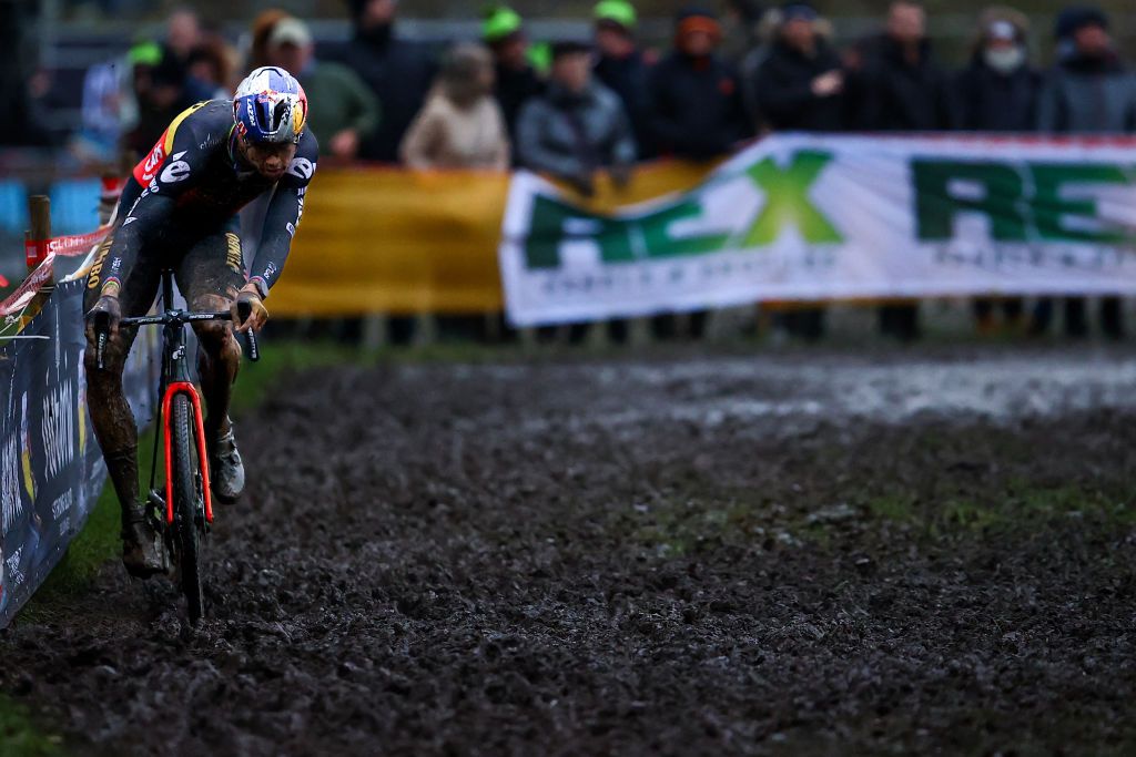 Belgian Wout Van Aert pictured in action during the men elite race of the Superprestige Gullegem 7th stage out of 8 in the Superprestige cyclocross cycling competition in Gullegem Saturday 07 January 2023 BELGA PHOTO DAVID PINTENS Photo by DAVID PINTENS BELGA MAG Belga via AFP Photo by DAVID PINTENSBELGA MAGAFP via Getty Images