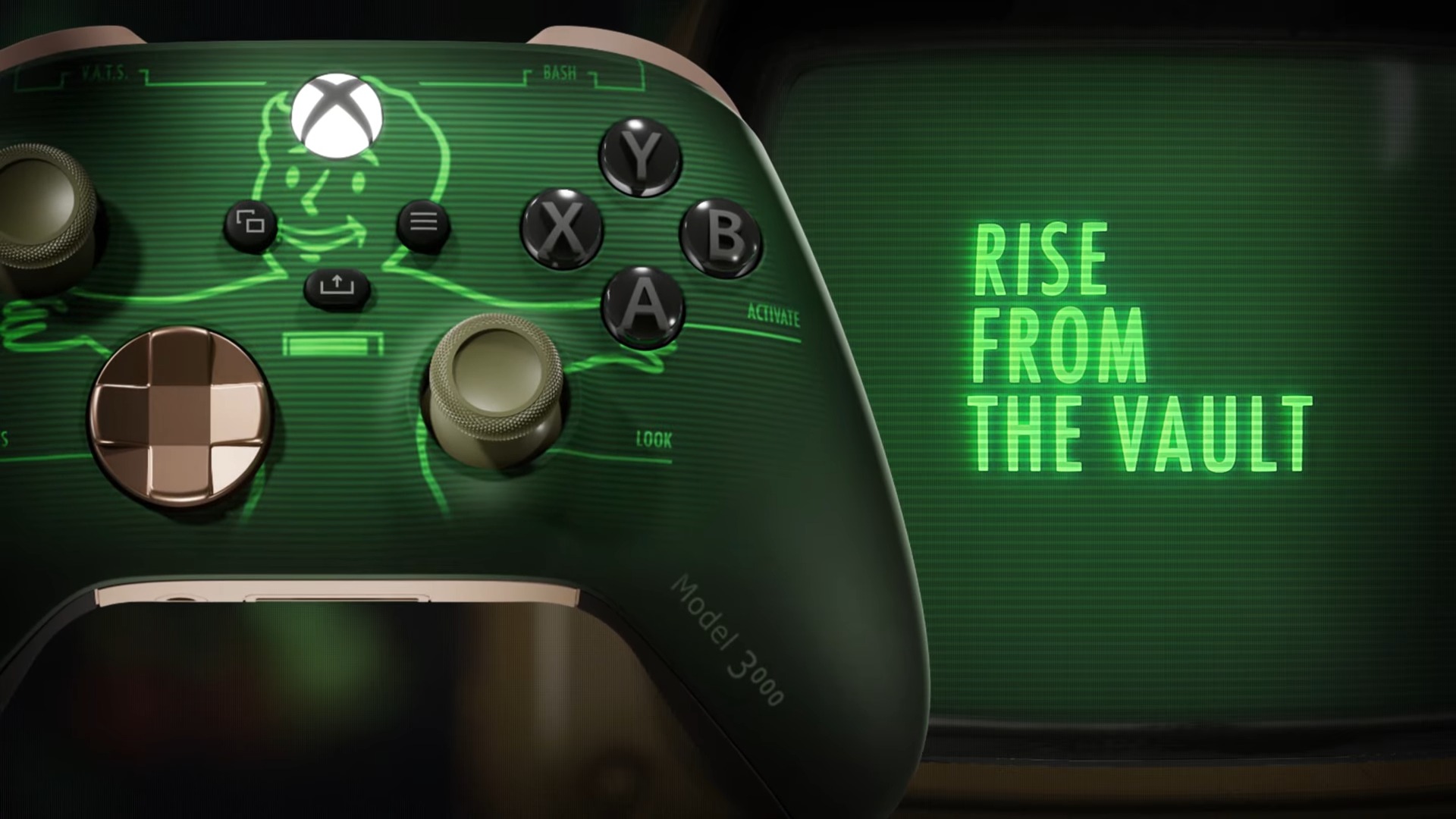 A reveal image showing the design of the new Xbox Wireless Controller - Fallout Pip-Boy edition