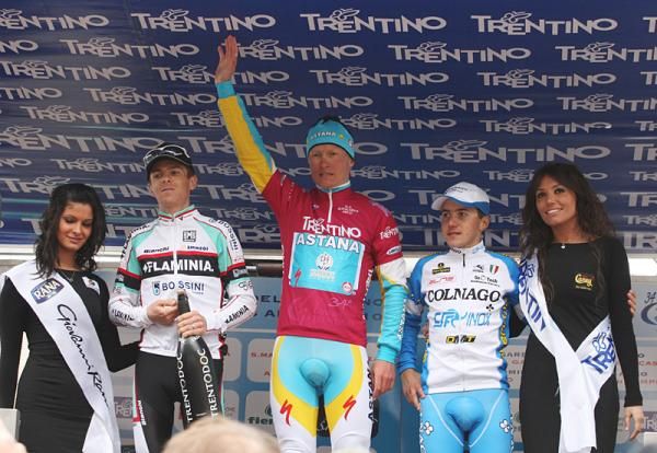 Overall GC Podium for the Giro del Trentino: Riccardo Ricc&ograve; (Flaminia Ceramica) in second, Alexandre Vinokourov (Astana) in first, Domenico Pozzovivo (Colnago - CSF Inox) in third