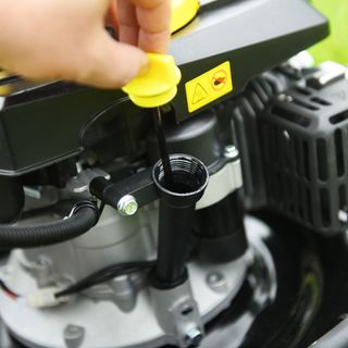 Person lifting the dipstick from a petrol lawn mower