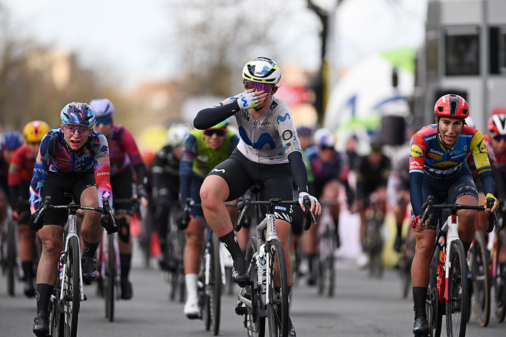 BRUGES, BELGIUM - MARCH 26: Carys Lloyd of Great Britain and Team Movistar celebrates at finish line as race winner during the 9th Ronde van Brugge - Tour of Bruges 2026, Women&amp;apos;s Elite a 143.7km one day race from Bruges to Bruges on March 26, 2026 in Bruges, Belgium. (Photo by Luc Claessen/Getty Images)