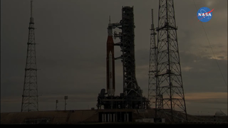 A screenshot of the Artemis 1 stack during wet dress rehearsal preparations on June 18, 2022.