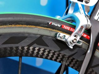 Garmin-Cervelo's Mavic Cosmic Carbone SLR wheels included the company's latest Exalith sidewall surface treatment for better braking in wet conditions.