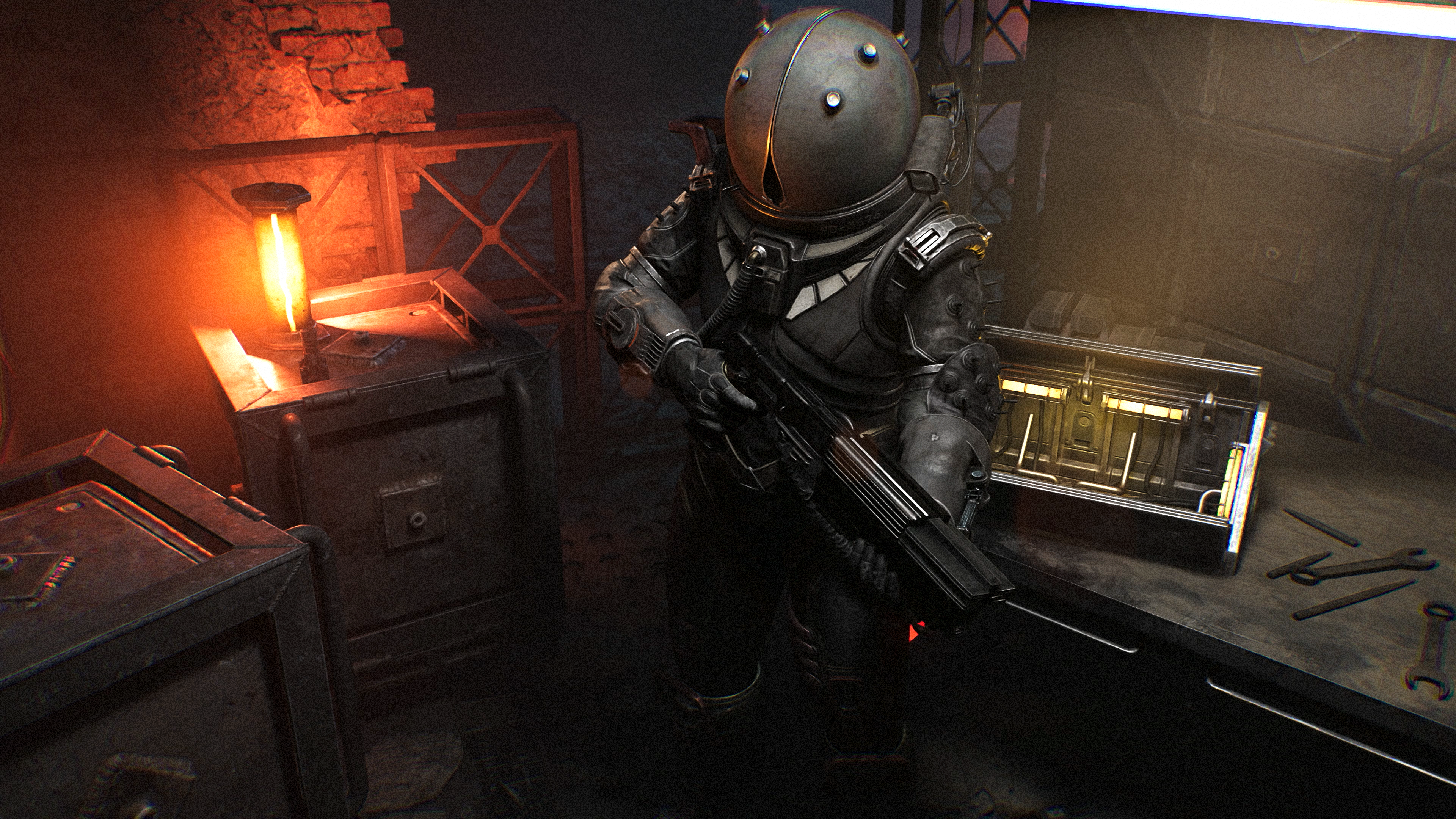 A screenshot shows the Cronos: The New Dawn protagonist holding a gun next to a workstation bench