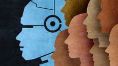 An illustration showing an AI agent side profile, depicted as a blue robot, with seven human faces in varying earthy metallic tones shown to the right.