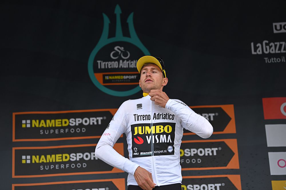 Laurens De Plus in the Tirreno-Adriatico white jersey after stage 1
