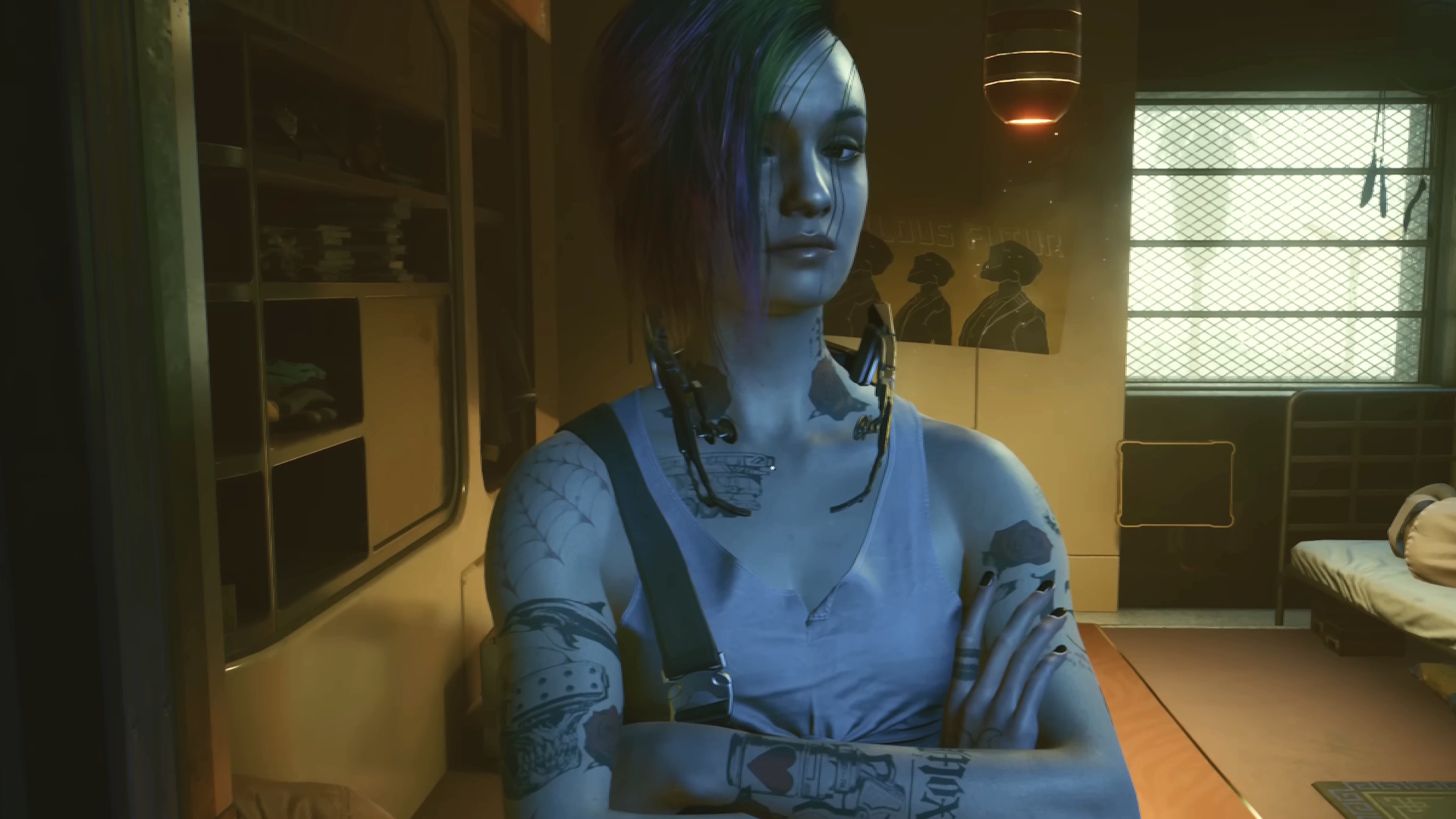 How to romance Judy in Cyberpunk 2077 - Judy standing with her arms folded