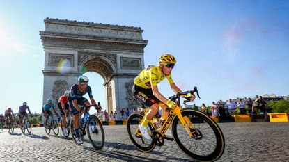 Jonas Vingegaard of Jumbo-Visma pictured in action during stage 21, the final stage of the Tour de France on his custom yellow Cervelo