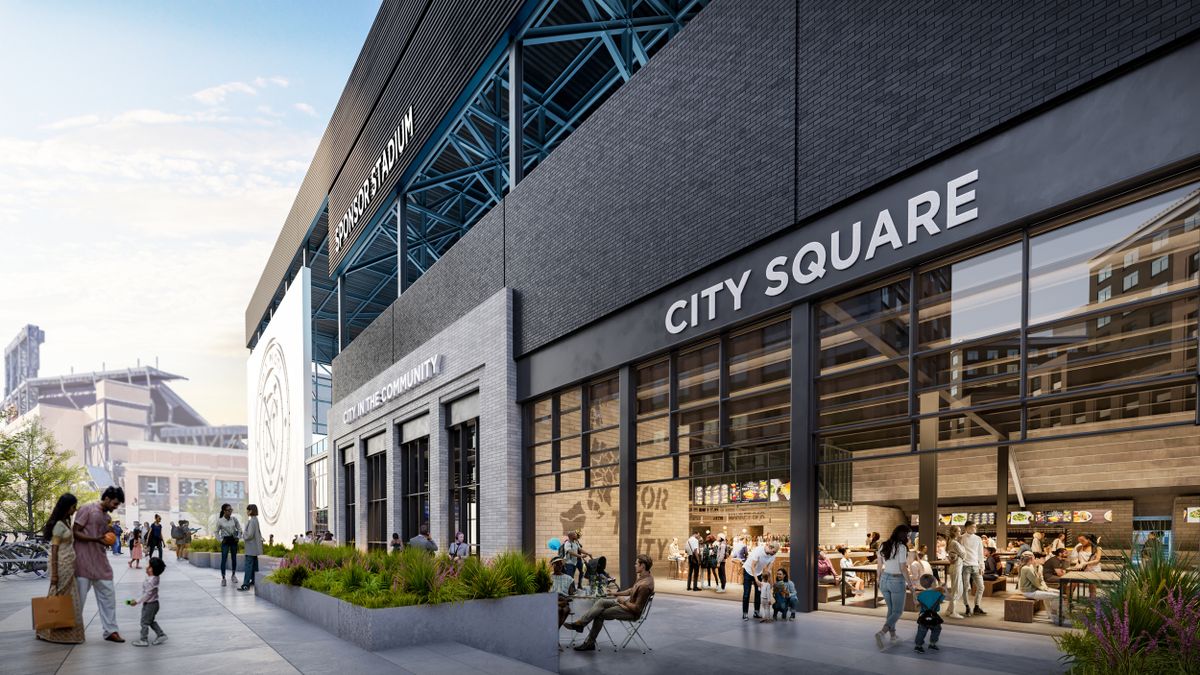 A CGI image of the city squad south edge exterior of New York City FC's new stadium during the day